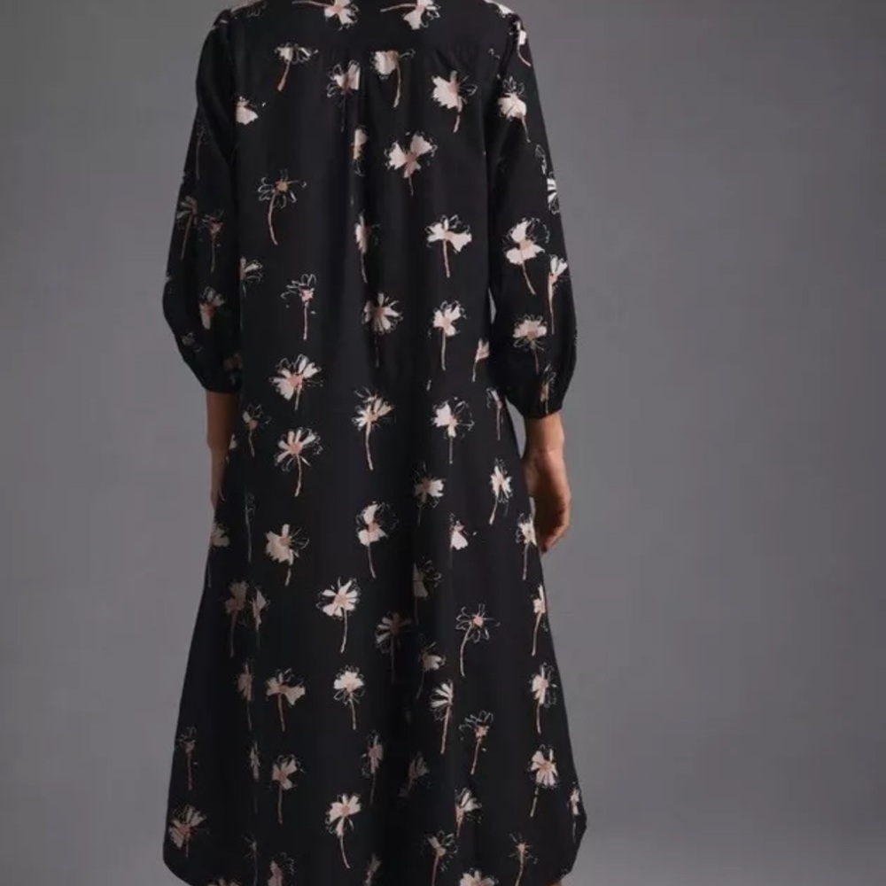 Anthropologie Maeve Button Front Asymmetrical Dress Maxi Daisy Print Black Tan - Picture 2 of 7